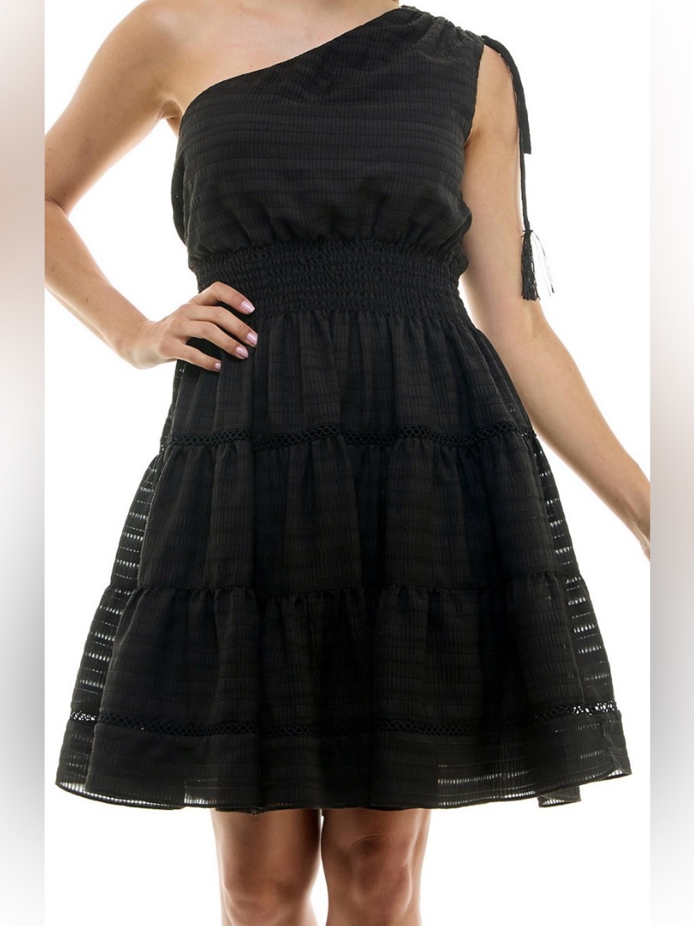 NWT - Taylor Women’s One-Shoulder Seersucker Fit & Flare Dress, Black, Sz XS